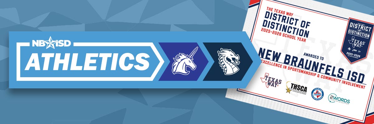 NBISD Athletics banner with a blue arrow logo and two horse head icons; award certificate for New Braunfels ISD appears in the background.