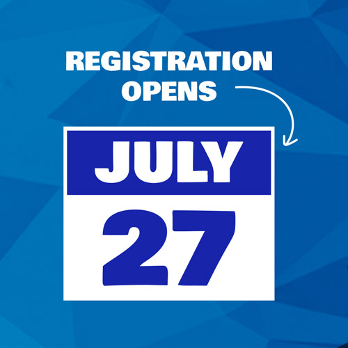 Blue geometric background with a calendar card showing JULY 27; text above reads 'Registration opens' with an arrow pointing to the date.